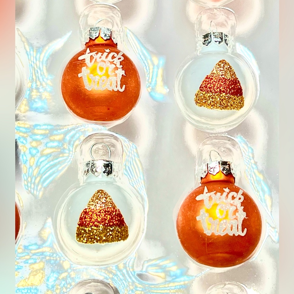20 Mini Halloween Orange White Glass Ball Ornaments Candy Corn Trick or Treat